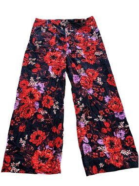Anthro Maeve Colette Floral Corduroy Pants Red Black Wide Leg Cropped 32x25
